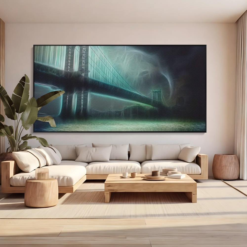 Tablou canvas cu tablou canvas cu pod suspendat pe furtuna, in rama de aluminiu negru, pe perete intr-un living